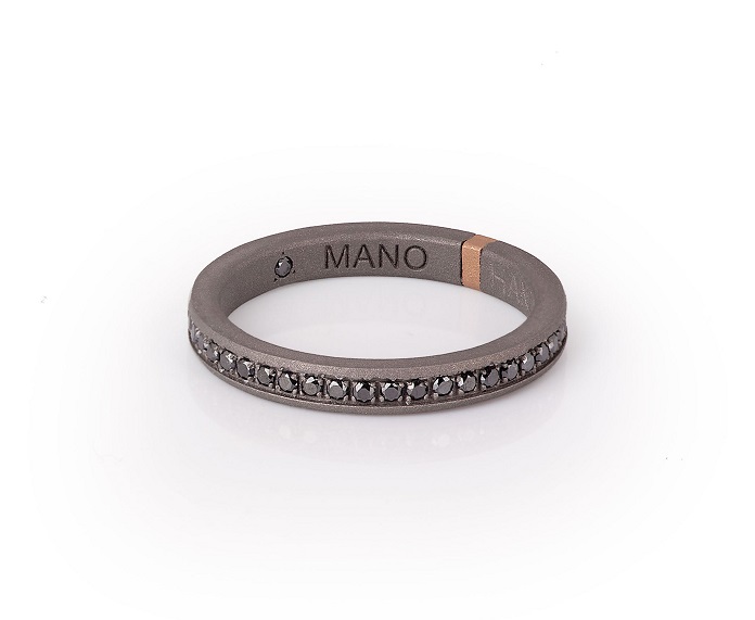 ANELLO DA UOMO MANO JEWELS MINIMAL COLLECTION IN TITANIO, ORO ROSA 18 KT E DIAMANTI BLACK (ct. 0,43)