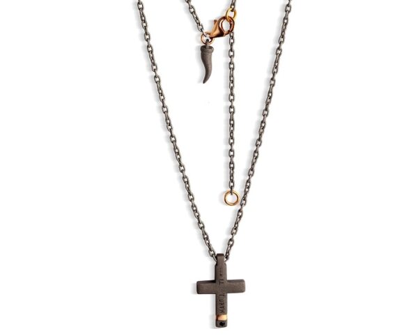 COLLANA DA UOMO MANO JEWELS MINIMAL COLLECTION CON CROCE IN TITANIO, ORO ROSA 18 KT E DIAMANTI BLACK (ct. 0,10) - immagine 2
