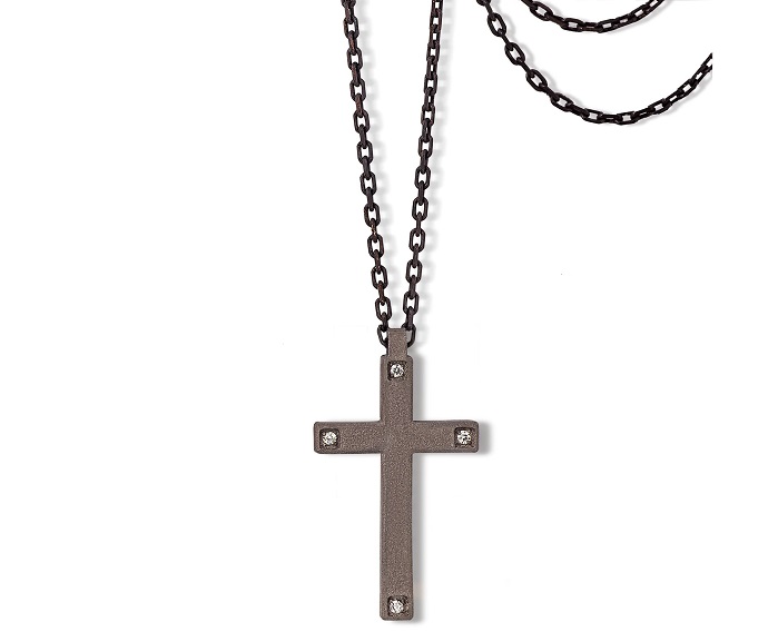 COLLANA DA UOMO MANO JEWELS MINIMAL COLLECTION CON CROCE IN TITANIO, ORO ROSA 9 KT E DIAMANTI WHITE (ct. 0,04)