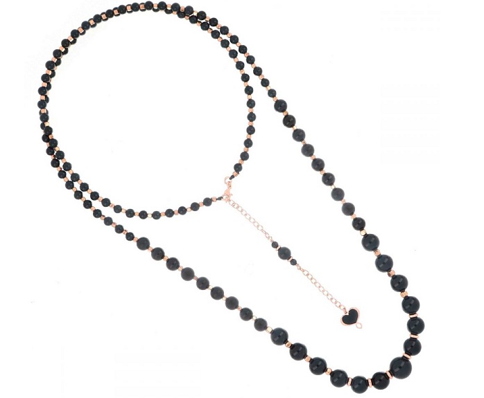 COLLANA LUNGA MAMAN ET SOPHIE FASHION CRESCENDO IN ARGENTO 925, AGATA NERA ED EMATITE