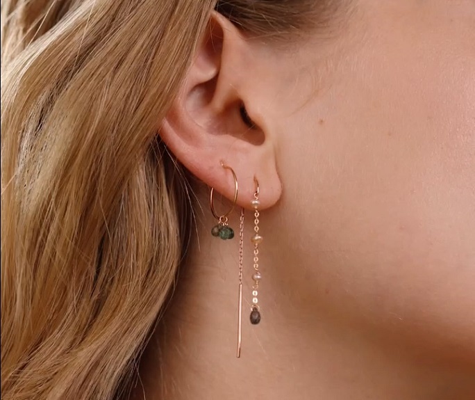 MONO ORECCHINO MAMAN ET SOPHIE AVRVM DROPS IN ORO ROSA CON ZAFFIRO GRIGIO A GOCCIA E PERLE ROSA - immagine 2