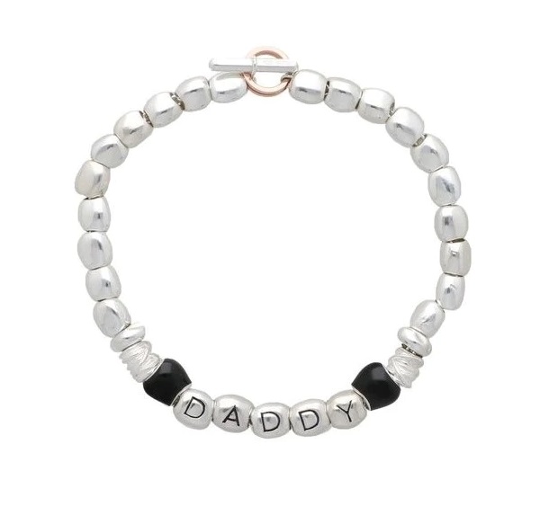 BRACCIALE RUBINIA FILODAMORE CON SASSOLINI LISCI, RONDELLE, MINIFILO, SASSOLINI NERI, CHIUSURA IN ORO ROSA 9 KT E SCRITTA DADDY