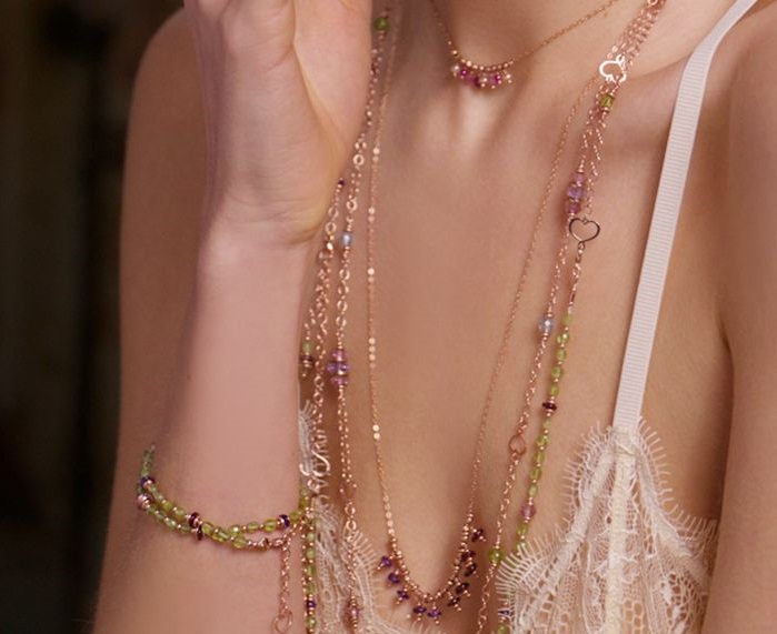 COLLANA MAMAN ET SOPHIE PERIDOTO IN ARGENTO 925, PERIDOTO VERDE, GRANATO ROSSO, AMETISTA VIOLA E TOPAZIO ROSA - immagine 2