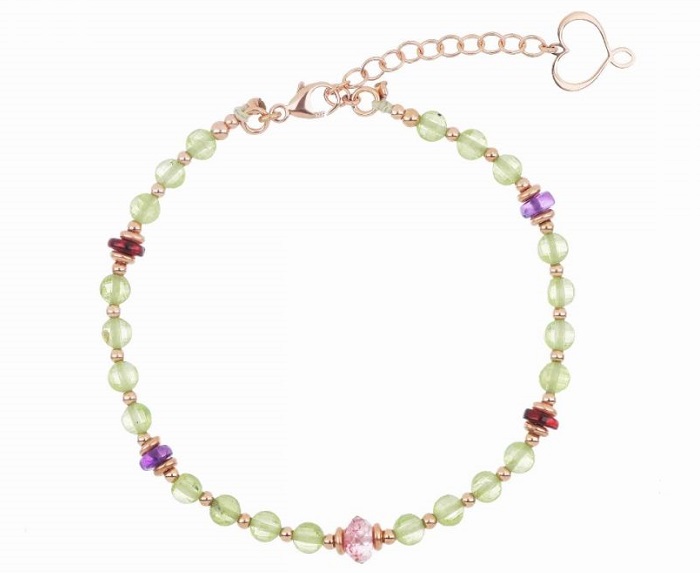 BRACCIALE MAMAN ET SOPHIE PERIDOTO IN ARGENTO 925, PERIDOTO VERDE, GRANATO ROSSO, AMETISTA VIOLA E TOPAZIO ROSA