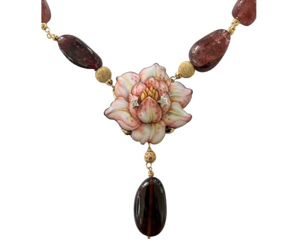 COLLANA ( PEZZO UNICO ) GABRIELLA RIVALTA FIORI IN ORO GIALLO E BIANCO CON TORMALINE ROSA, DIAMANTI, RAME E SMALTI A GRAN FUOCO - immagine 2