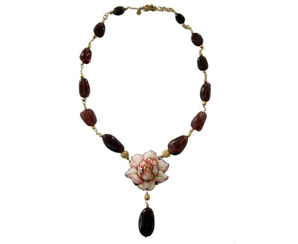 COLLANA ( PEZZO UNICO ) GABRIELLA RIVALTA FIORI IN ORO GIALLO E BIANCO CON TORMALINE ROSA, DIAMANTI, RAME E SMALTI A GRAN FUOCO