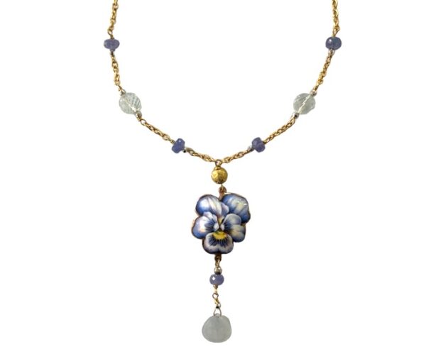 COLLANA GABRIELLA RIVALTA FIORI IN ORO GIALLO CON ACQUAMARINA, ZAFFIRI, RAME E SMALTI A GRAN FUOCO - immagine 2