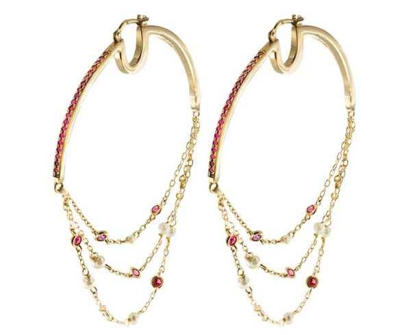 ORECCHINI RUE DES MILLE STARDUST IN ARGENTO PLACCATO ORO GIALLO, ZIRCONI ROSSI E PERLE DI CONCHIGLIA