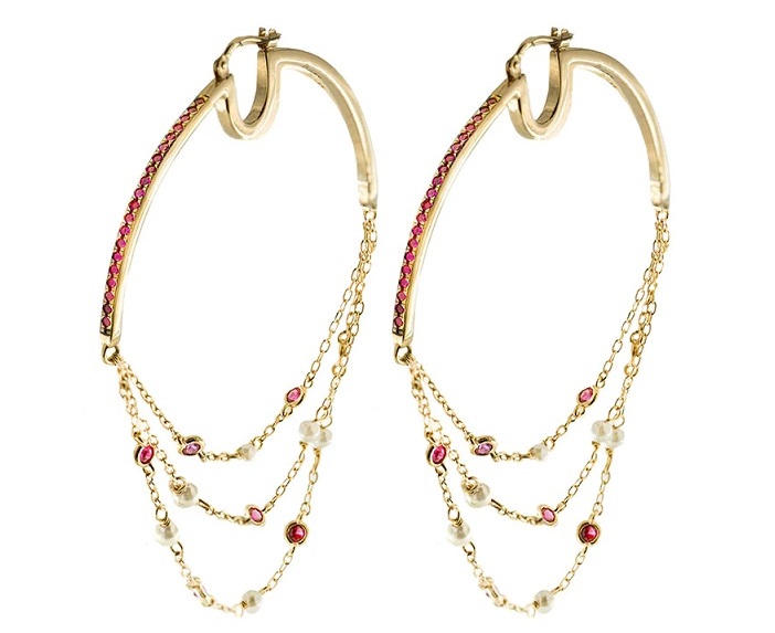 ORECCHINI RUE DES MILLE STARDUST IN ARGENTO PLACCATO ORO GIALLO, ZIRCONI ROSSI E PERLE DI CONCHIGLIA