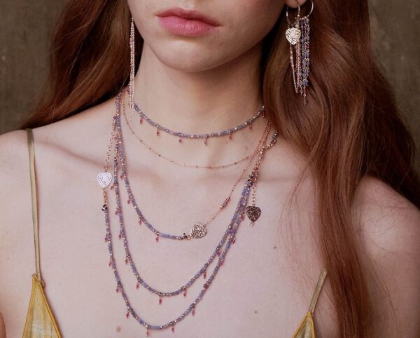 COLLANA LUNGA MAMAN ET SOPHIE FASHION ACQUA E FUOCO IN ARGENTO 925, TANZANITE E RUBELLITE ROSA - immagine 2