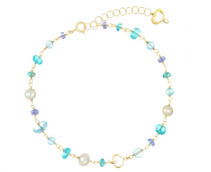 BRACCIALE MAMAN ET SOPHIE AVRVM NUVOLE AZZURRO IN ORO GIALLO CON TOPAZI AZZURRI, APATITI, ACQUAMARINE, TANZANITI E PERLE BIANCHE