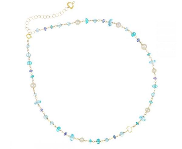 COLLANA MAMAN ET SOPHIE AVRVM NUVOLE AZZURRO IN ORO GIALLO CON TOPAZI AZZURRI, APATITI, ACQUAMARINE, TANZANITI E PERLE BIANCHE