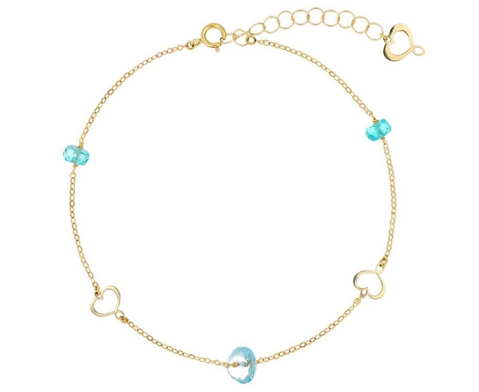 BRACCIALE MAMAN ET SOPHIE AVRVM NUVOLE E CATENE AZZURRO IN ORO GIALLO CON TOPAZIO AZZURRO, APATITE E CUORI MAMAN TRAFORATI