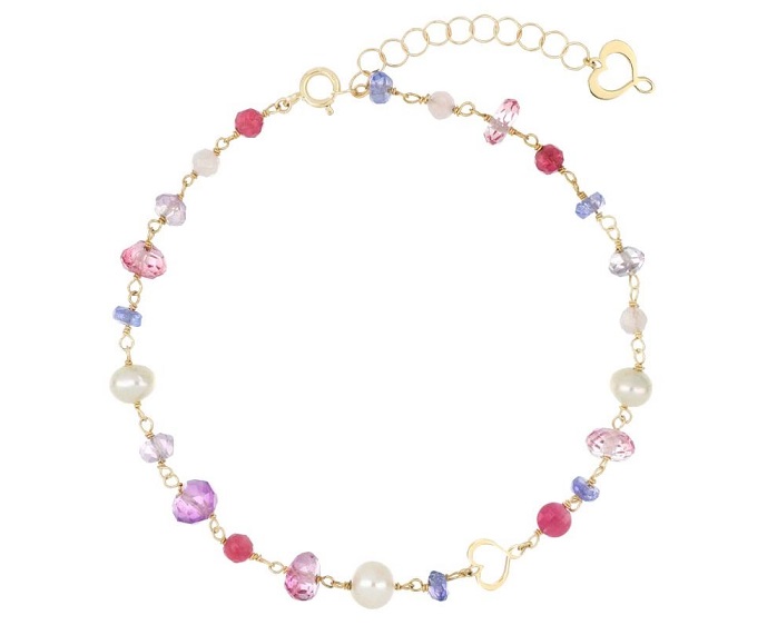 BRACCIALE MAMAN ET SOPHIE AVRVM NUVOLE ROSA IN ORO GIALLO CON AMETISTA VIOLA, TOPAZIO ROSA, TORMALINA ROSA, TANZANITE E PERLE BIANCHE