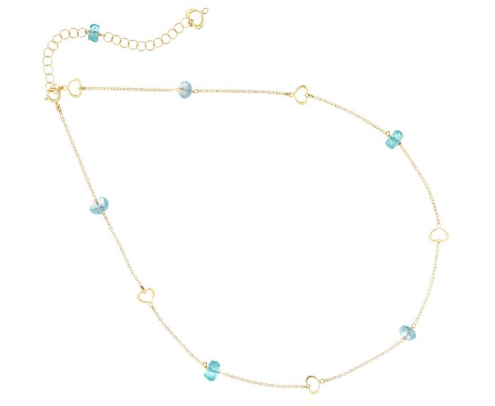 COLLANA MAMAN ET SOPHIE AVRVM NUVOLE E CATENE AZZURRO IN ORO GIALLO CON TOPAZIO AZZURRO, APATITE E CUORI MAMAN TRAFORATI