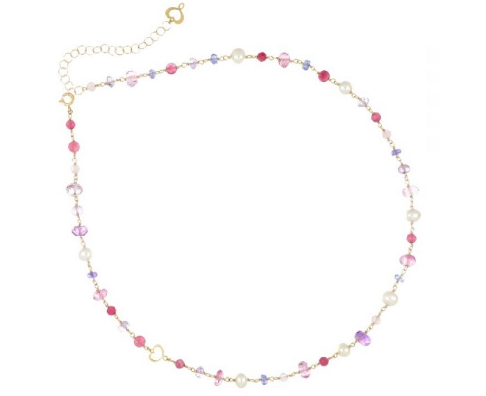 COLLANA MAMAN ET SOPHIE AVRVM NUVOLE ROSA IN ORO GIALLO CON AMETISTA VIOLA, TOPAZIO ROSA, TORMALINA ROSA, TANZANITE E PERLE BIANCHE