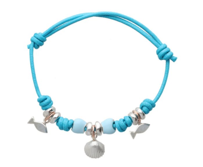 BRACCIALE RUBINIA FILODAMORE CON CORDONE CELESTE, RONDELLE IN ARGENTO 925, SASSOLINI SMALTATI AZZURRI, SIGILLI PESCIOLINI E CONCHGLIA IN ARGENTO 925 E ORO ROSA 9 KT