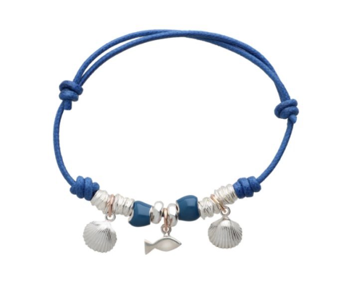 BRACCIALE RUBINIA FILODAMORE CON CORDONE BLU, RONDELLE IN ARGENTO 925, MINIFILO IN ARGENTO 925, SASSOLINI SMALTATI BLU, SIGILLI PESCIOLINO E CONCHGLIE IN ARGENTO 925 E ORO ROSA 9 KT