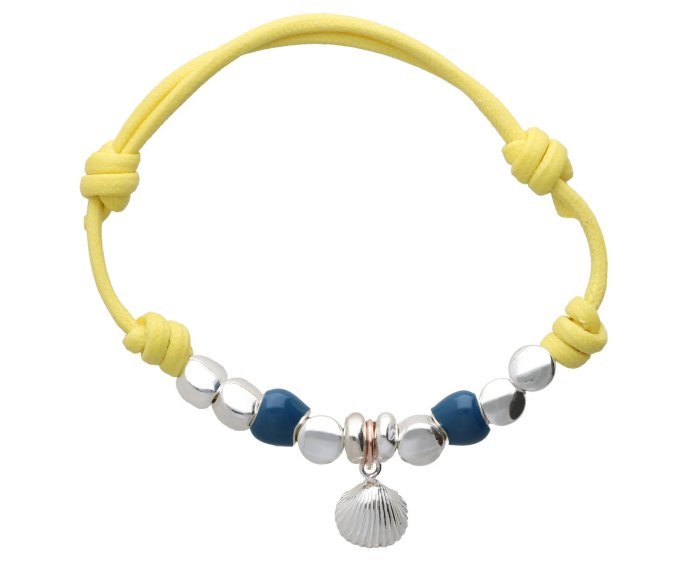 BRACCIALE RUBINIA FILODAMORE CON CORDONE GIALLO, RONDELLE IN ARGENTO 925, SASSOLINI IN ARGENTO 925, SASSOLINI SMALTATI BLU, SIGILLO CONCHGLIA IN ARGENTO 925 E ORO ROSA 9 KT