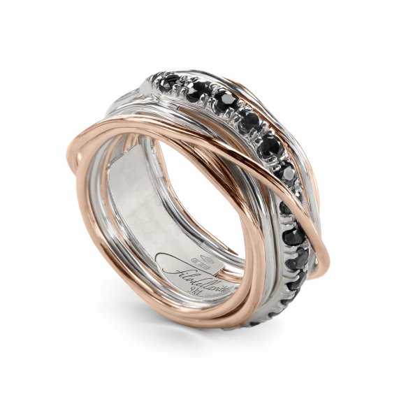 ANELLO RUBINIA FILODELLAVITA PREZIOSO COLLECTION 13 FILI IN ORO ROSA 9KT ARGENTO 925 E DIAMANTI BLACK (ct. 0,80)