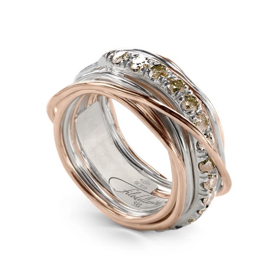 ANELLO RUBINIA FILODELLAVITA PREZIOSO COLLECTION 13 FILI IN ORO ROSA 9KT ARGENTO 925 E DIAMANTI BROWN (ct. 0,80)