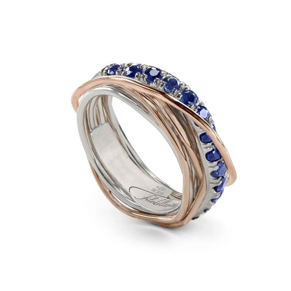ANELLO RUBINIA FILODELLAVITA PREZIOSO COLLECTION 7 FILI IN ORO ROSA 9KT ARGENTO 925 E ZAFFIRI BLU (ct. 0,99)