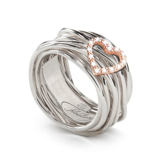 ANELLO RUBINIA FILODELLAVITA CLASSIC COLLECTION 13 FILI CON CUORE IN ORO ROSA 9KT ARGENTO 925 E DIAMANTI BIANCHI (ct. 0,09)