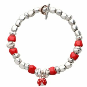 BRACCIALE RUBINIA FILODAMORE CON SASSOLINI, RONDELLE, NODINI IN ARGENTO 925, SASSOLINI SMALTATI ROSSI, CIONDOLO COCCINELLA IN ARGENTO 925 E ORO ROSA 9KT. CHIUSURA IN ORO ROSA 9 KT