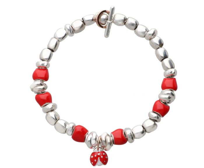 BRACCIALE RUBINIA FILODAMORE CON SASSOLINI, RONDELLE, NODINI IN ARGENTO 925, SASSOLINI SMALTATI ROSSI, CIONDOLO COCCINELLA IN ARGENTO 925 E ORO ROSA 9KT. CHIUSURA IN ORO ROSA 9 KT