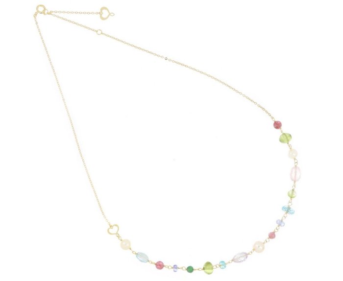 COLLANA MAMAN ET SOPHIE AVRVM NUVOLE MULTICOLOR IN ORO GIALLO CON TORMALINA ROSA, PERIDOTO, PERLA BIANCA, TOPAZIO AZZURRO, QUARZO ROSA, AMETISTA LAVANDA, TANZANITE, APATITE E SMERALDO